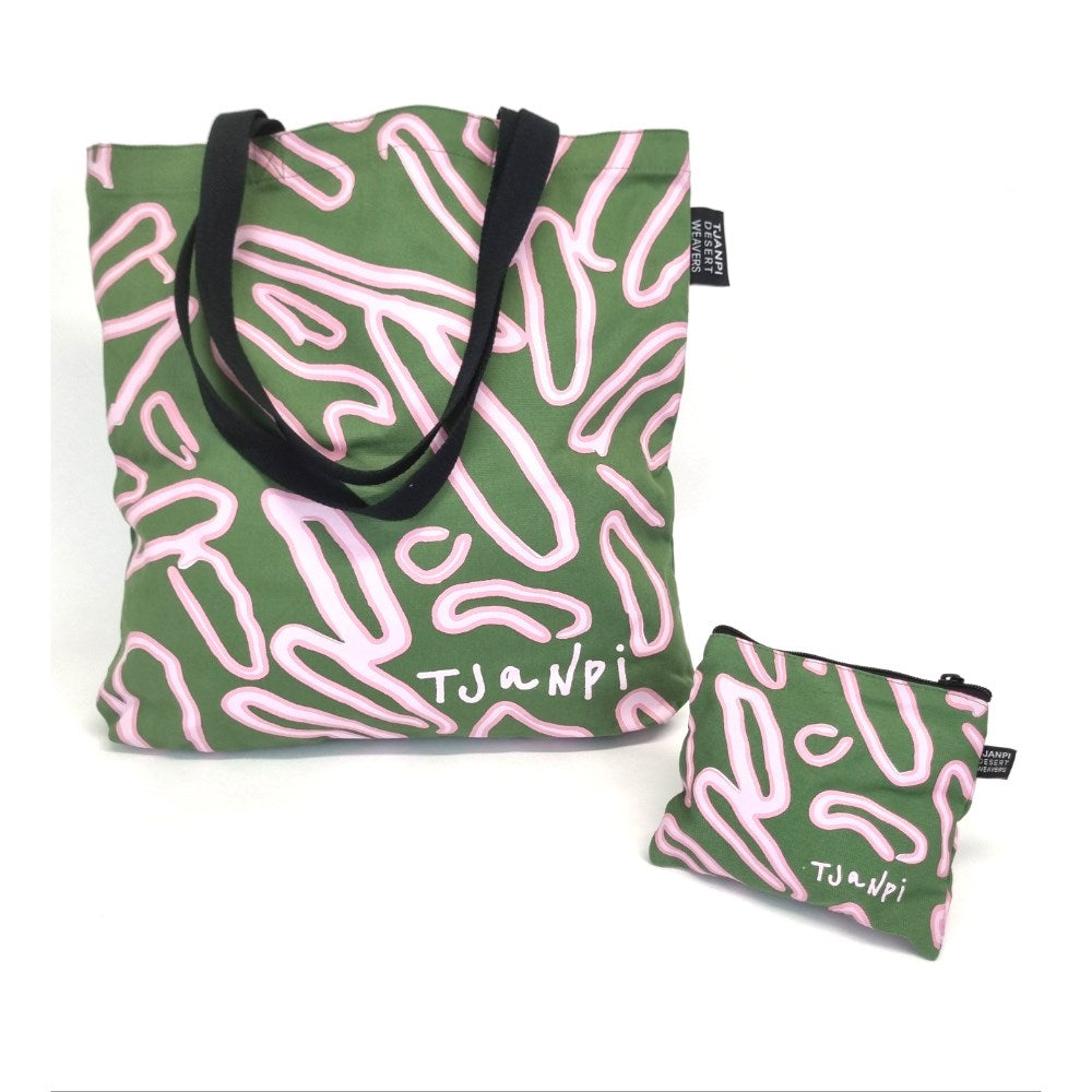 Tote bag | Margaret Smith | Tjanpi Desert Weavers | Olive & pink