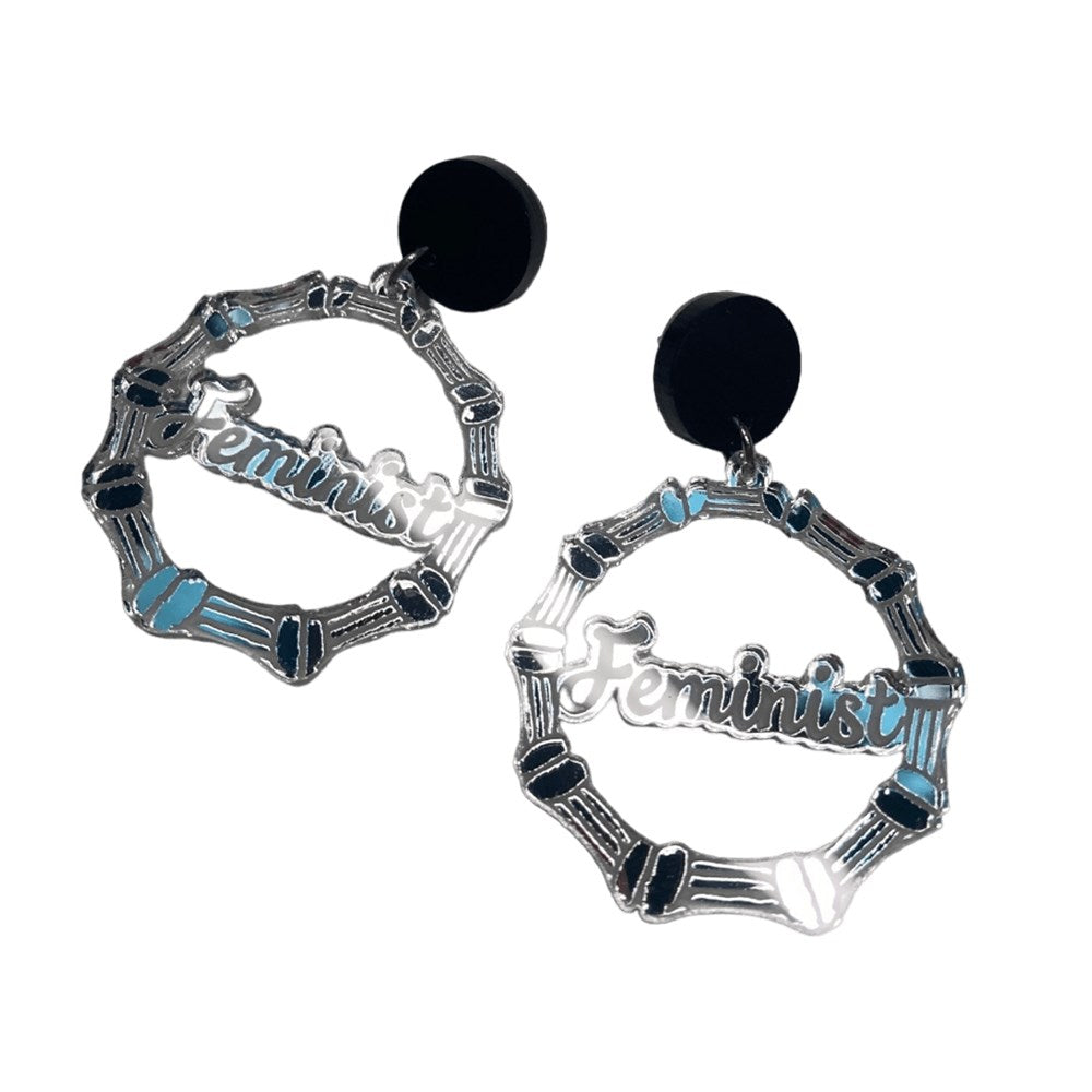 Earrings | Bamboo hoops | Feminist | large | silver mirror