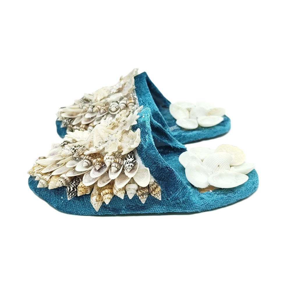 Shellwork slippers | Marilyn Russell | deep teal blue