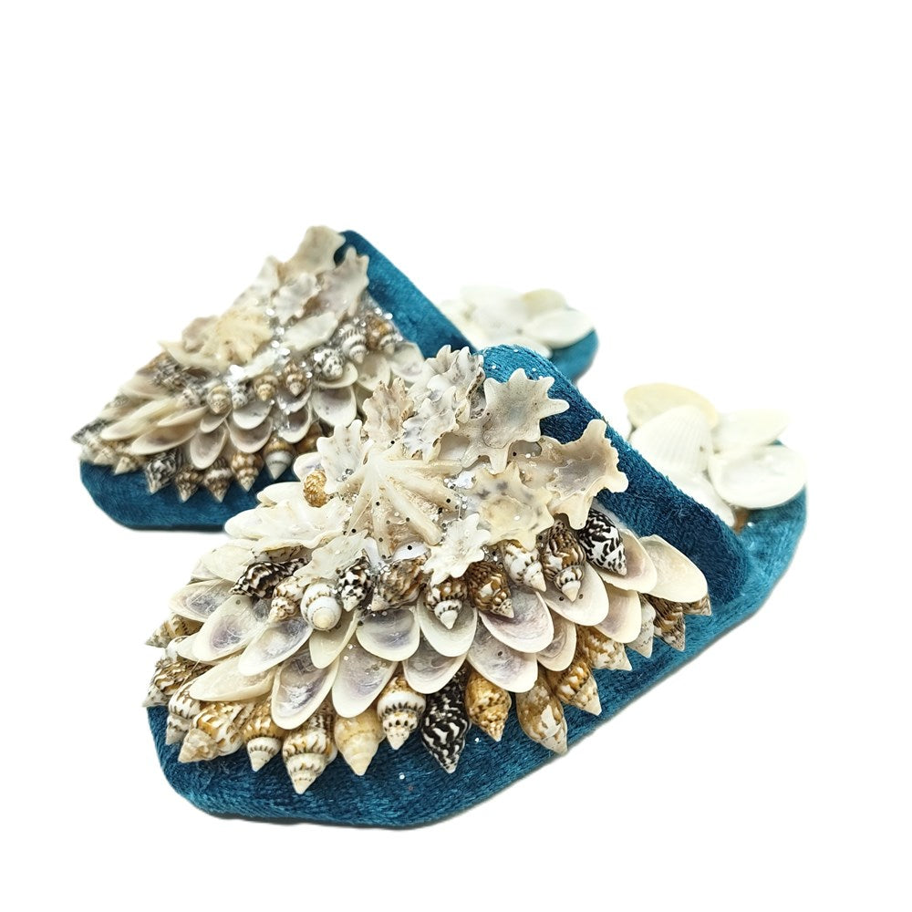 Shellwork slippers | Marilyn Russell | deep teal blue