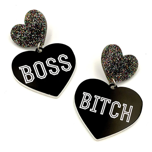 Earrings | Boss bitch | large | black glitter