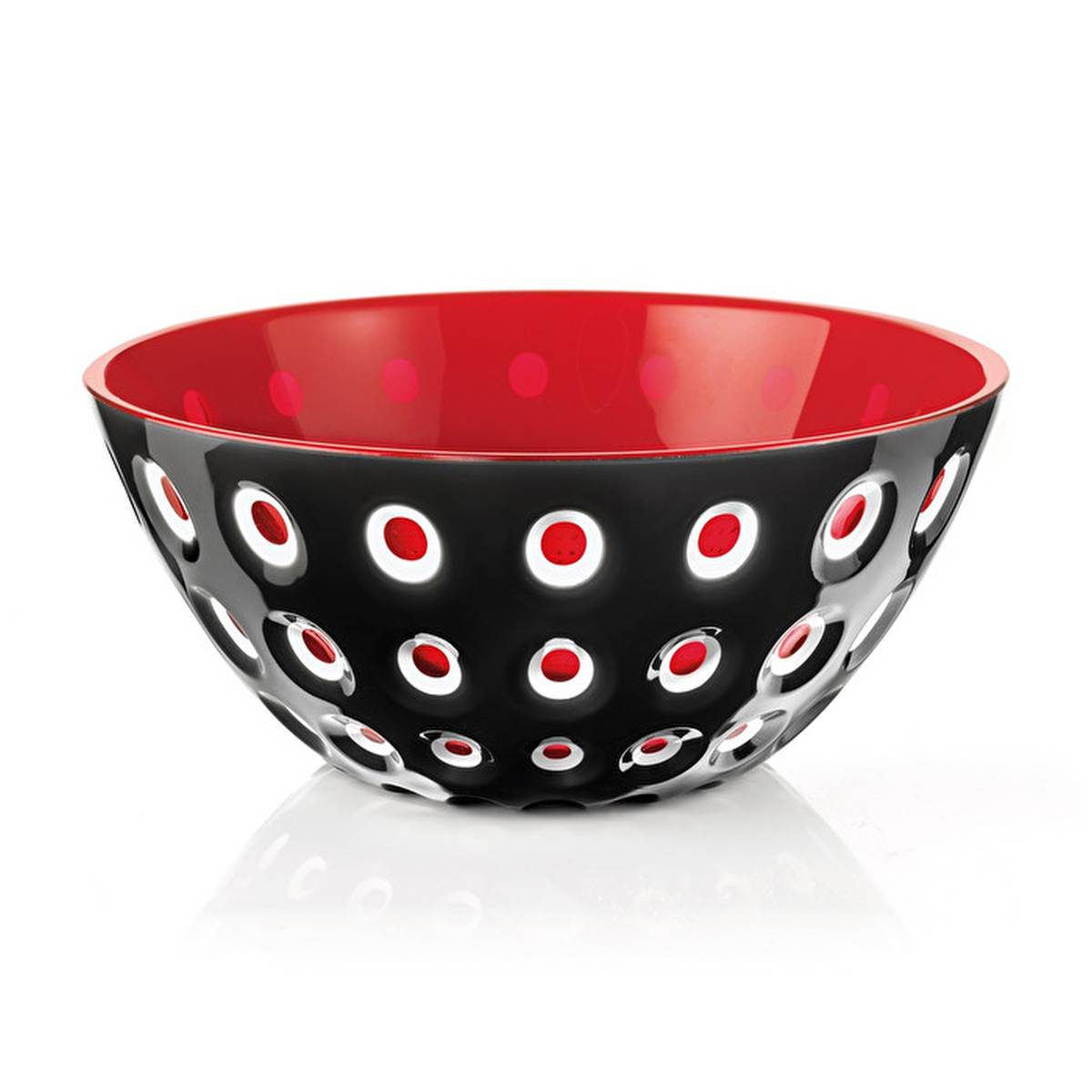 Red on the inside and black on the outside, the bright bowl has a transparent circle pattern where each circle is framed in white.