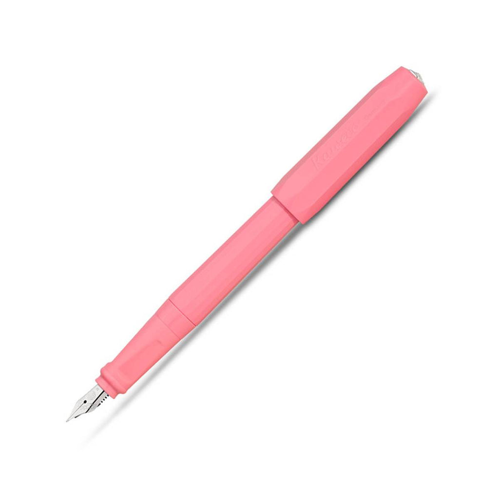 A pink fountain pen with a silvertip nib and the matching pink cap secured on this other end. 