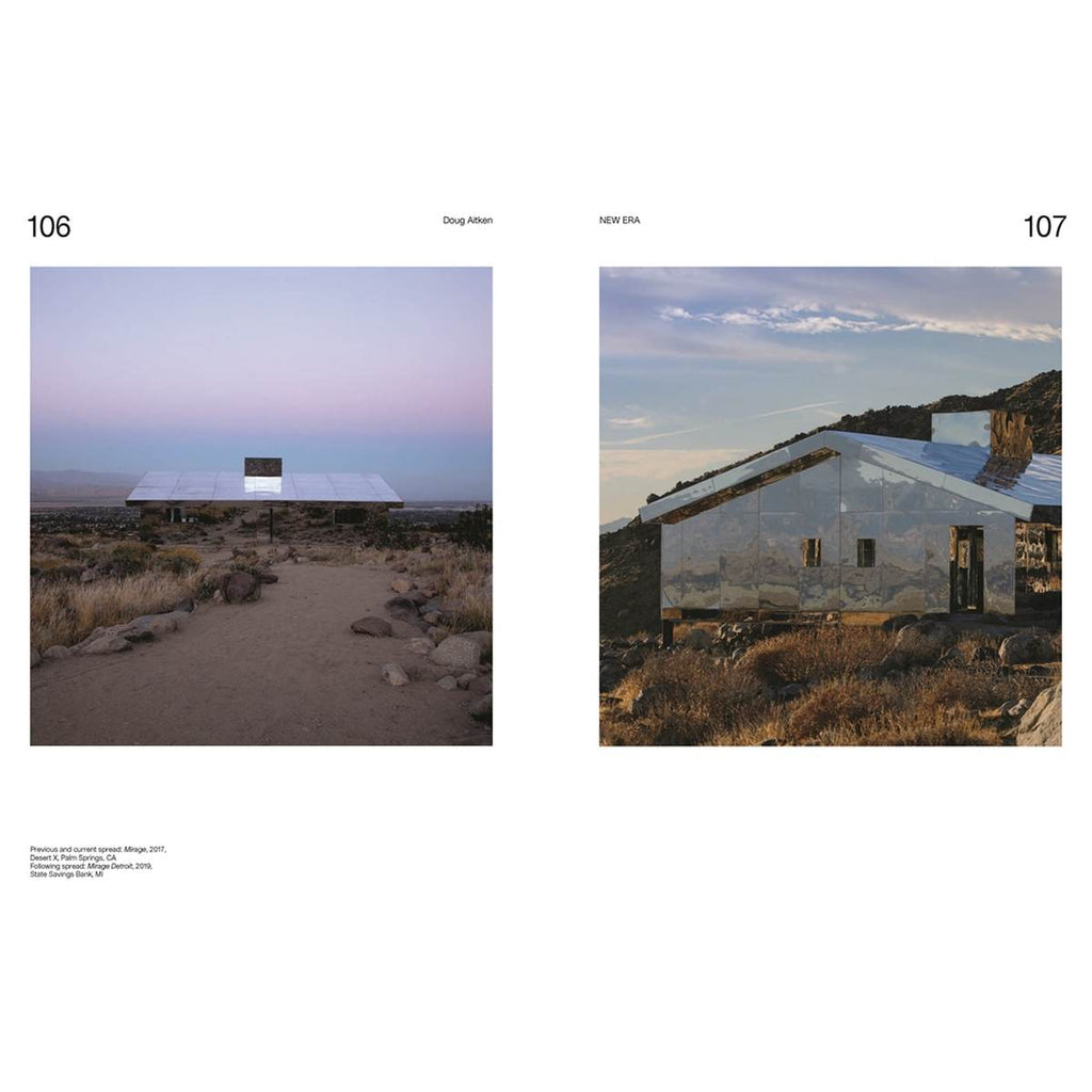 On the left of a white double-page spread is a coloured photograph of a reflective shed in a desert while the sky sets into a lilac gradient. On the right is a coloured photograph of a house made of mirrors reflecting the desert landscape.  