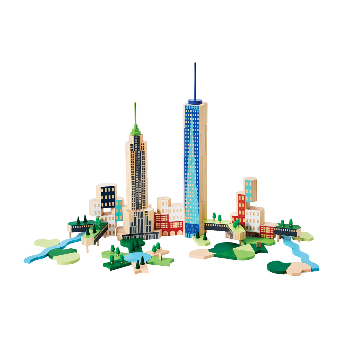 a Set of building blocks with pieces inspired by the buildings and public spaces of New York City