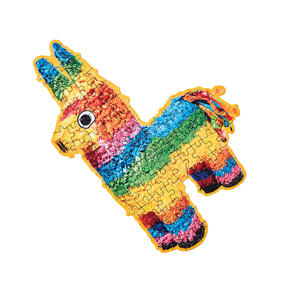 A completed puzzle is in the shape of the photographed colourful donkey pinata with an orange border. 