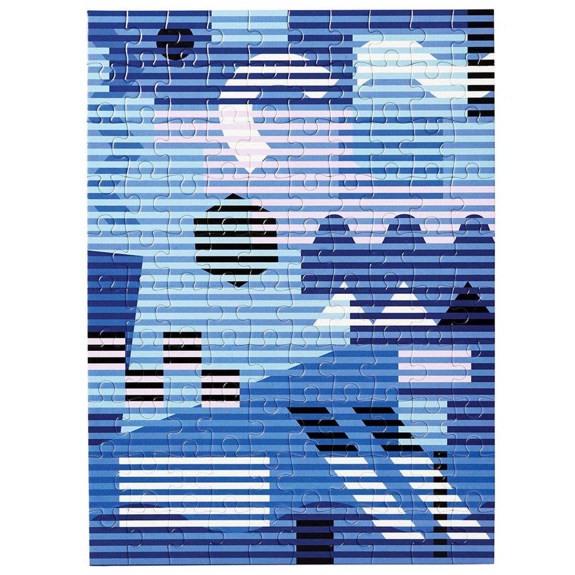 A 100 piece puzzle featuring an abstract design by Dusen Dusen. Geometric shapes and block colours are overlayed with horizontal stripes in bold and contrasting shades of blue, pastel pink, white and black.