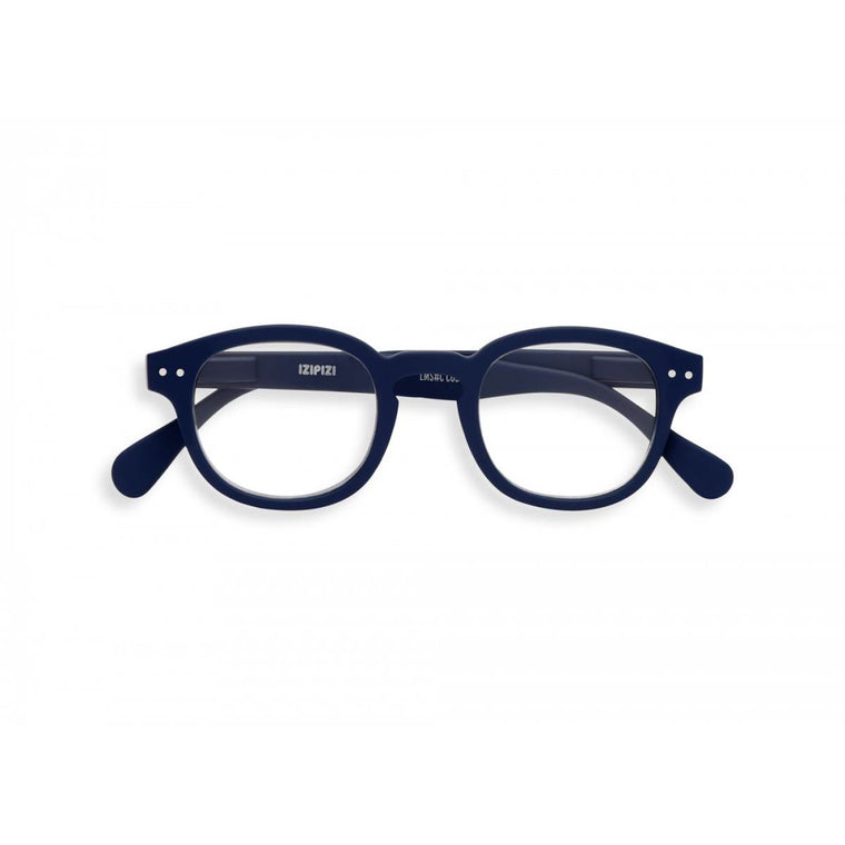 A navy blue pair of magnifying reading glasses. The frames are an stylish, bold, square shape.