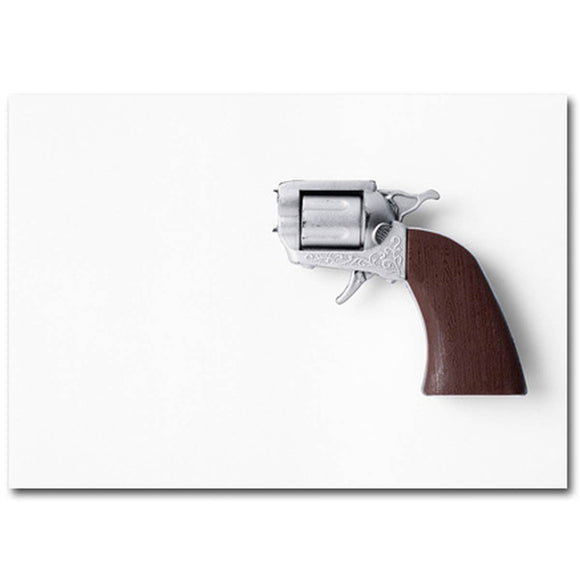 A grey book cover with an image of a handgun with the barrel and  bullet cylinder removed.