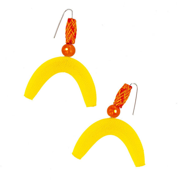A pair of nylon mesh earrings featuring tube and semi-circle 'moon' shapes in yellow and red.