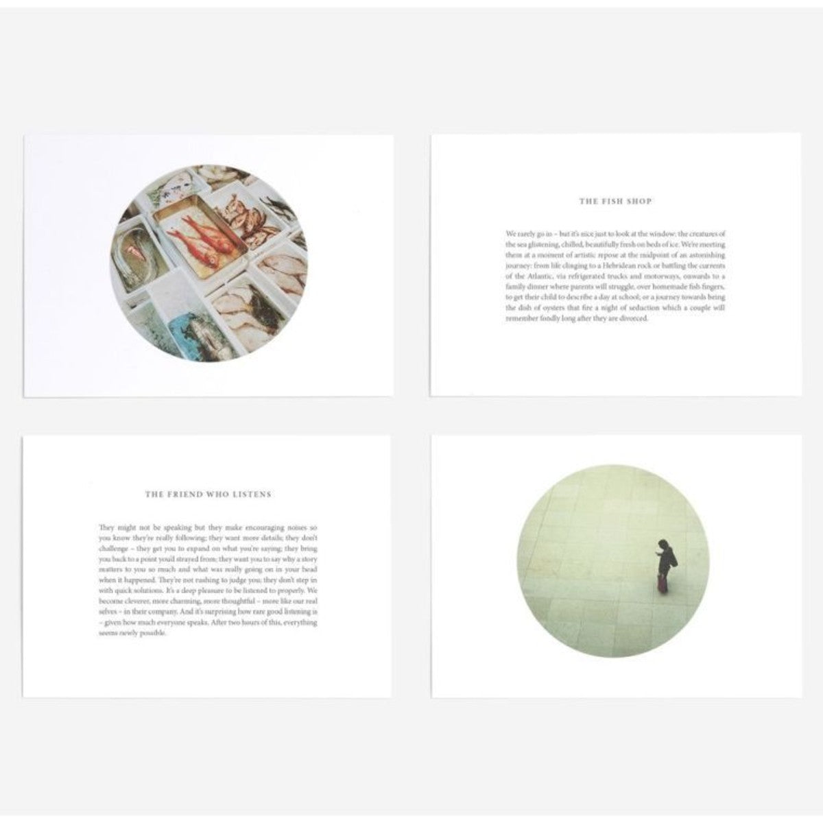 A grid of four white rectangular cards has two cards with a circle in the middle of a photograph and two with a paragraph of black text.