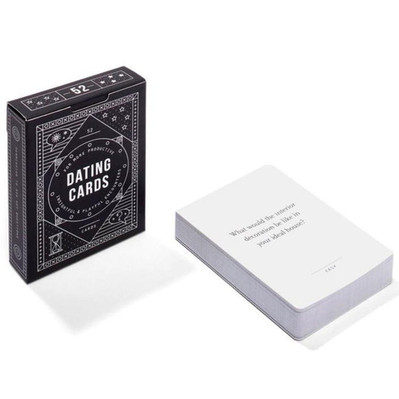 Image featuring the products packaging in the middle on the front of the packaging is the white text stating the words - Dating Cards: For more productive insightful & playful encounters