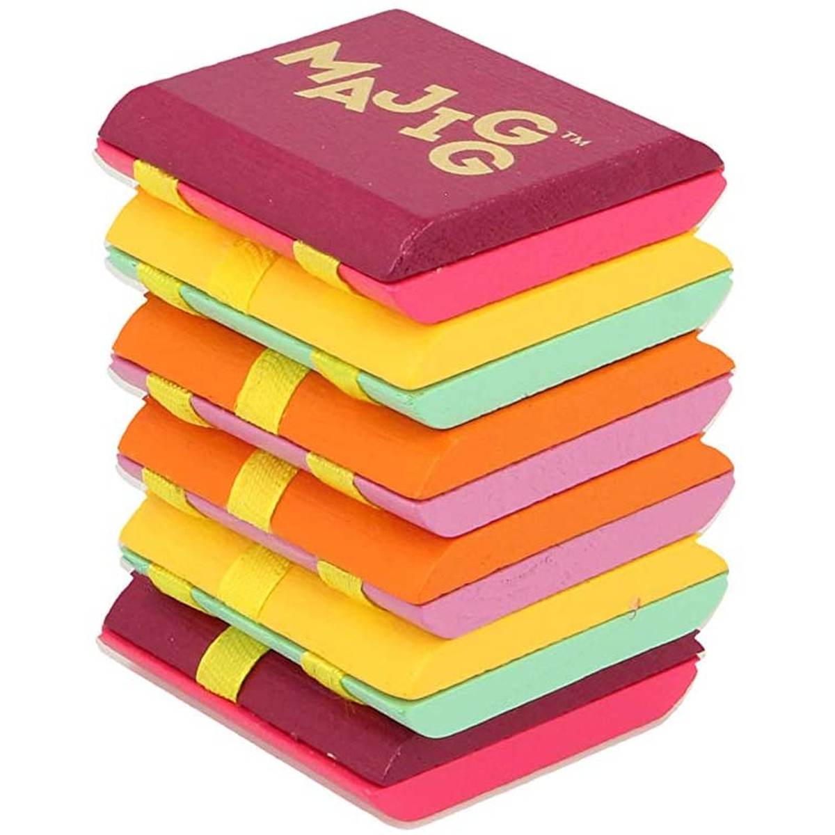 A Classic Wooden Jacobs Ladder Toy shown folded up. Made of brightly coloured would slats and yellow connecting ribbons.