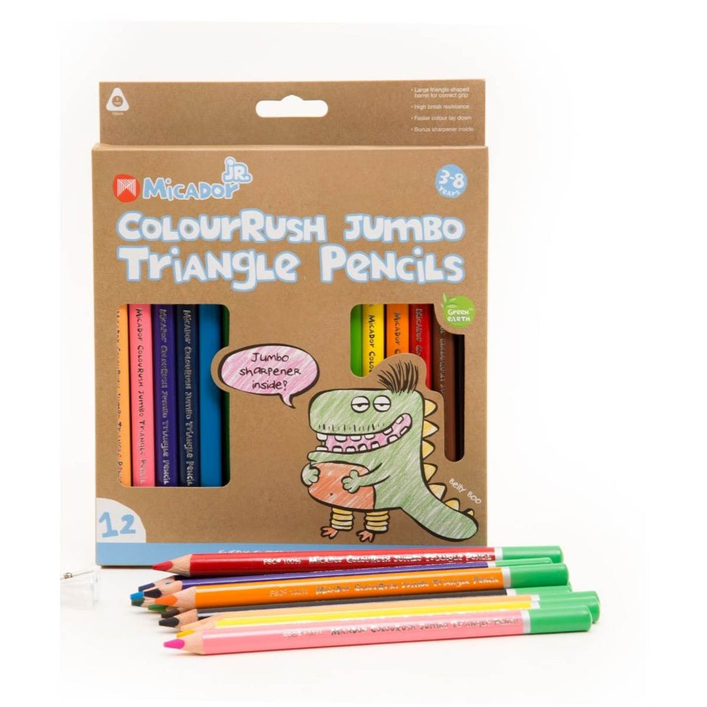 A boxed set of 12 triangle grip coloured pencils. Pack includes a jumbo sharpener,.