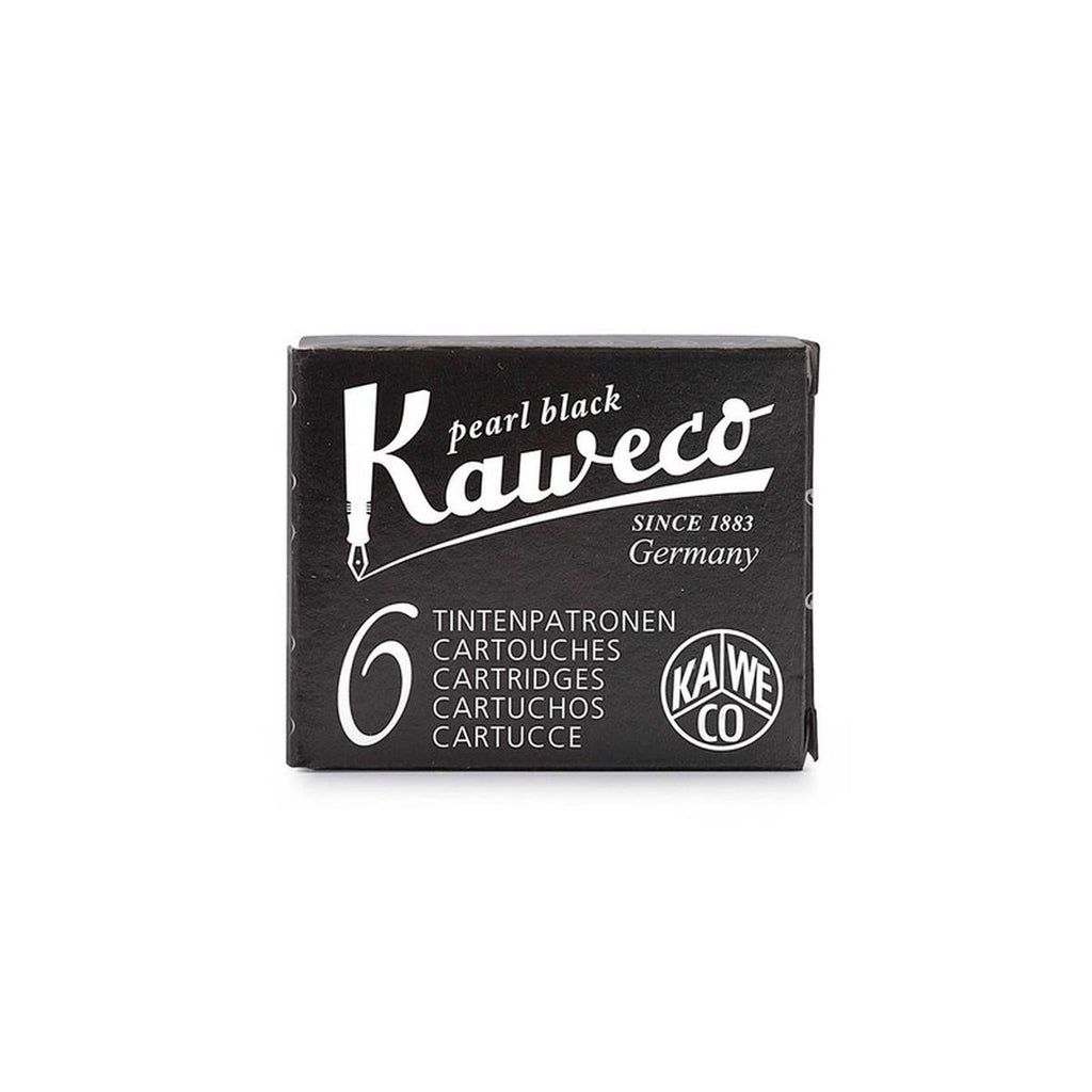 A black rectangular box with white text stating pearl black above the large 'Kaweco' logo and '6' in a large font on the bottom left corner. 