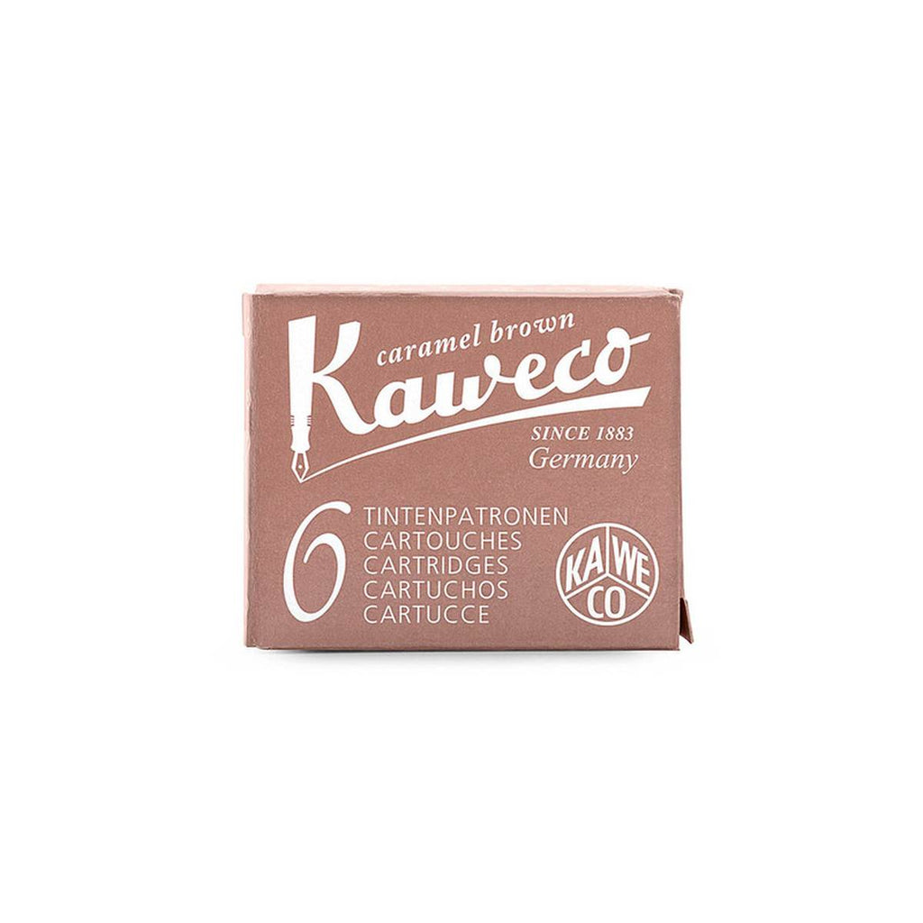 A light brown rectangular box with white text stating 'caramel brown' above the large 'Kaweco' logo and '6' in a large font on the bottom left corner. 