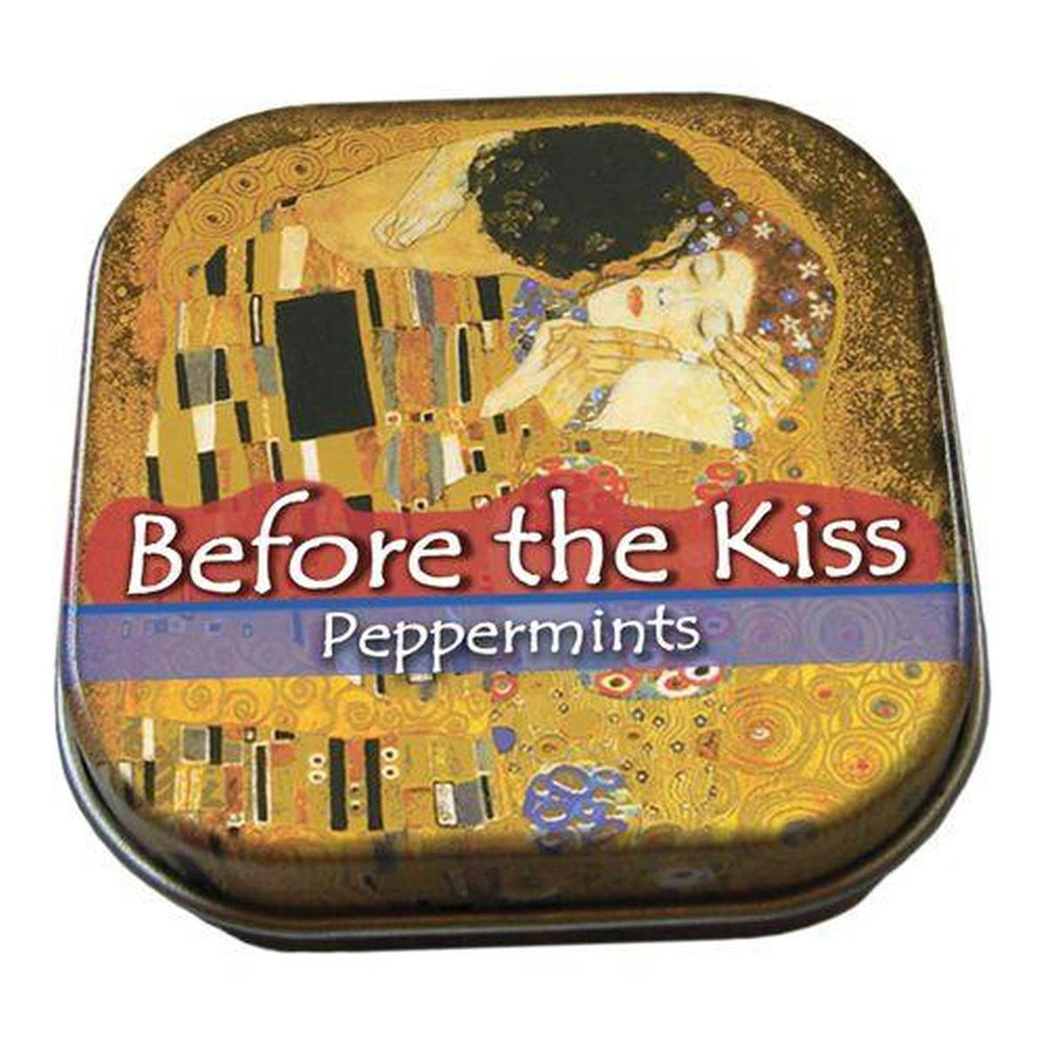 A small tin of mints printed with Gustave Klimt's The Kiss