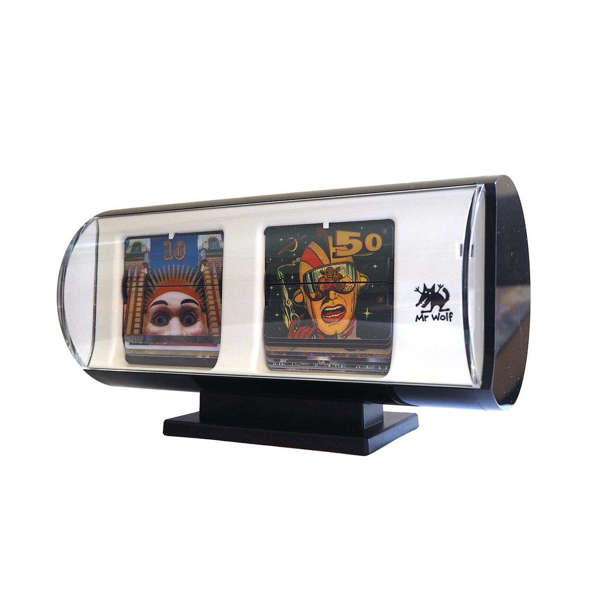 A retro style clock in the style of traditional 24 Hour military flip clocks. This one however has replaced the traditional number plates with a range of images that refer to numbers.