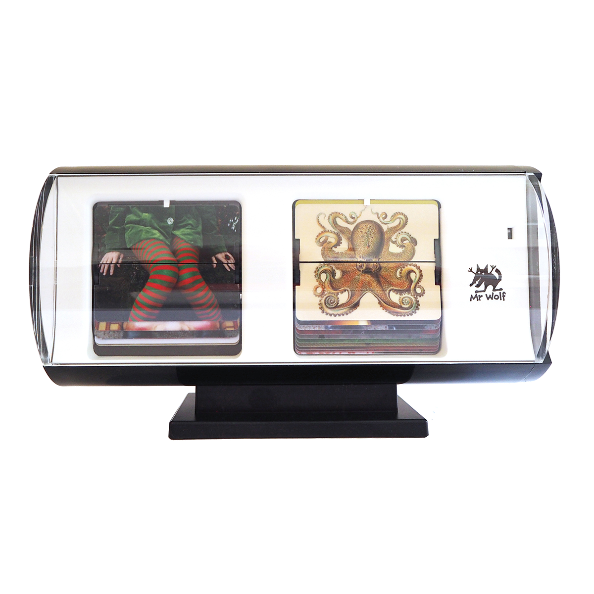 A retro style clock in the style of traditional 24 Hour military flip clocks. This one however has replaced the traditional number plates with a range of images that refer to numbers.