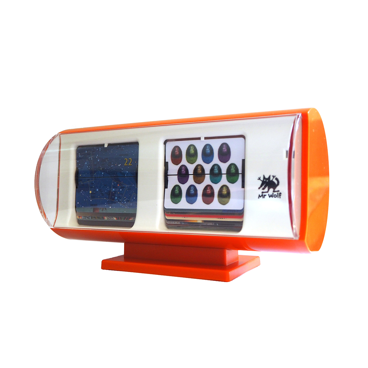 A retro style clock in the style of traditional 24 Hour military flip clocks. This one however has replaced the traditional number plates with a range of images that refer to numbers.