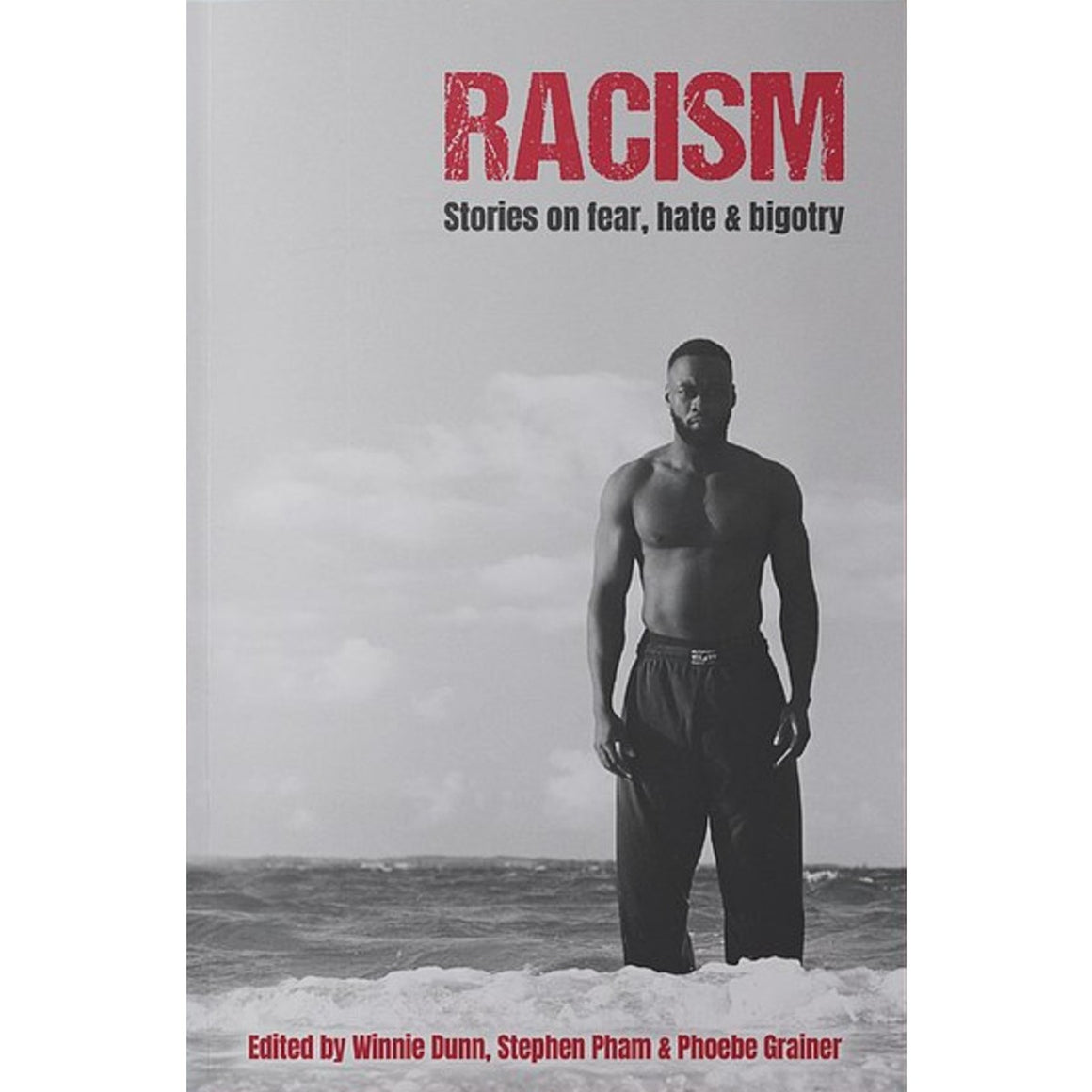 Image of book cover featuring black and white photograph of a shirtless man standing in the beach waves.