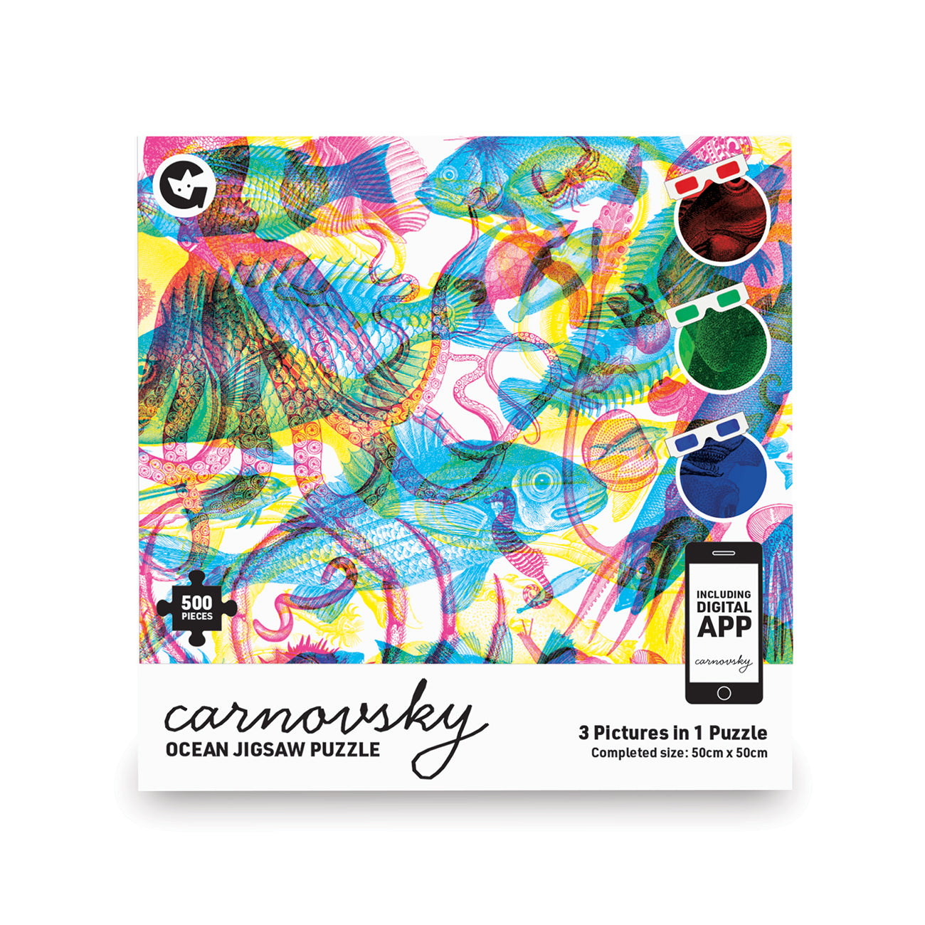 The square packaging box has the image of detailed illustrated sea creatures overlapping in magenta, cyan and yellow. Below is a white bar with 'carnovsky' cursive in black over 'ocean jigsaw puzzle' in a sans-serif font. On the right is 'including digital app' on a smartphone icon with '3 pictures in 1 puzzle' below it.