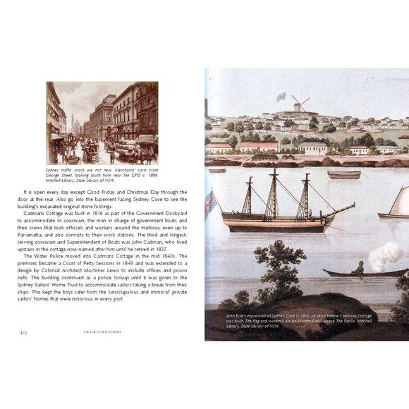 Book cover featuring antique photos of Sydney harbor and CBD including the words A Walk In Old Sydney