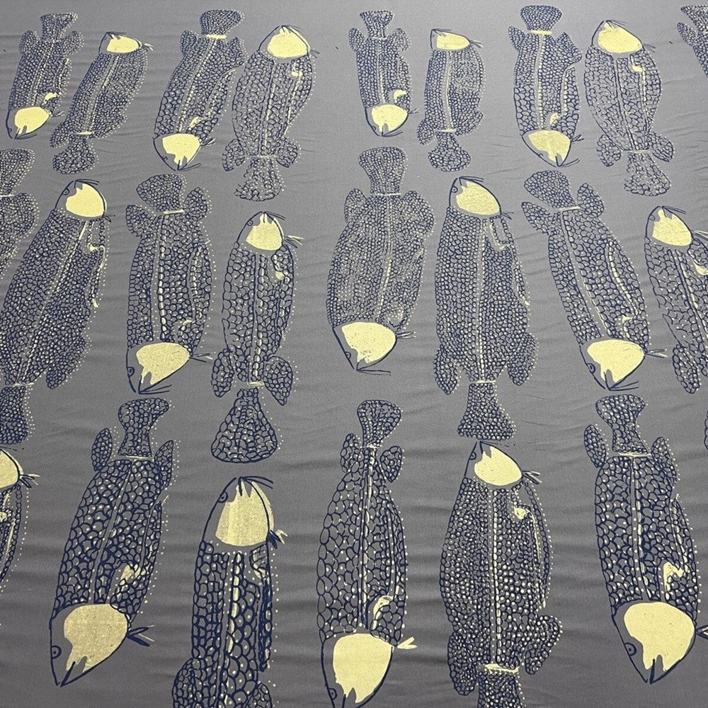 Babbarra Fabric | Ngaldadmurrng (Saratoga) by Carol Liyawanga | cotton drill | gold & navy on grey | 2.6m