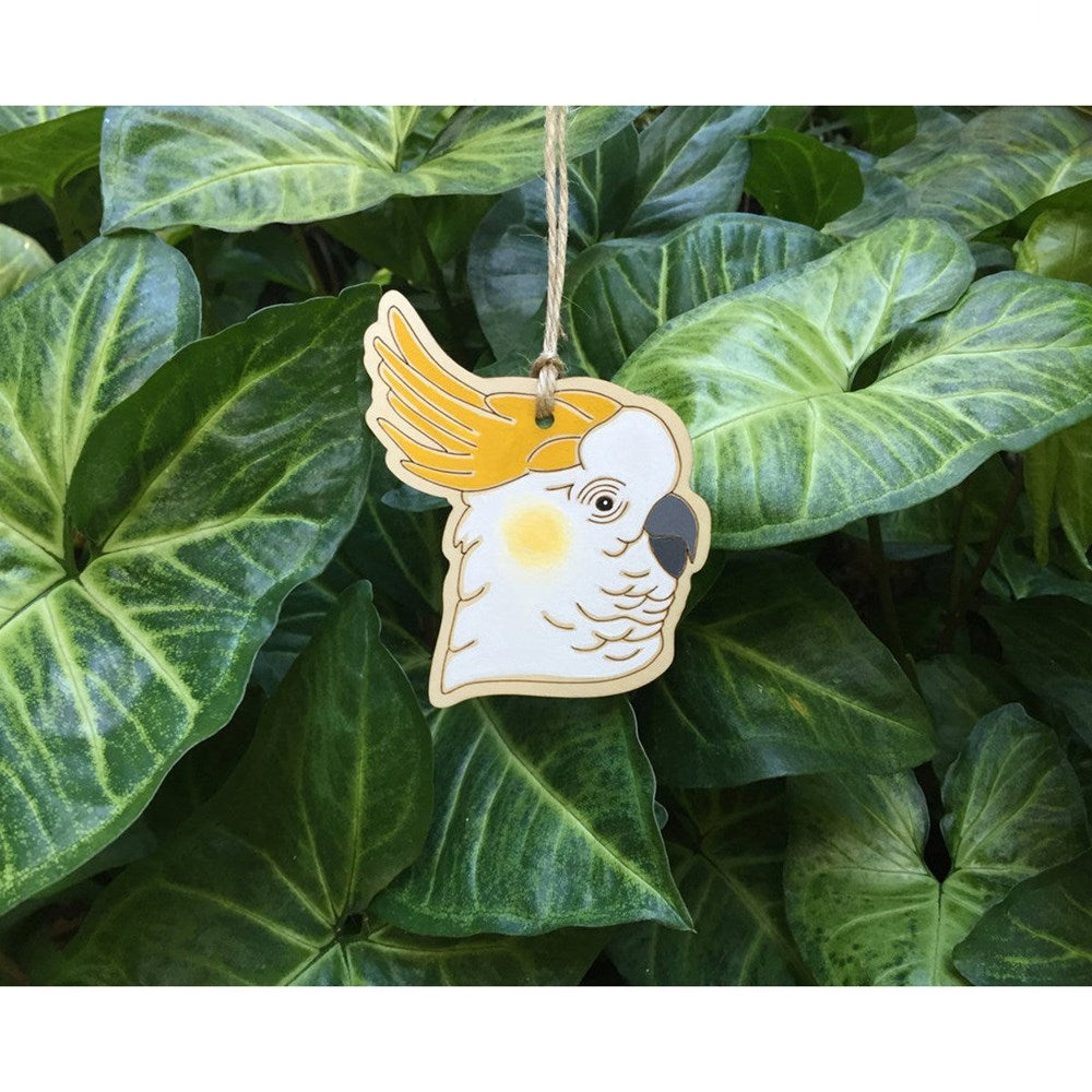 Bauble | Hand painted wood | Sulphur-crested Cockatoo