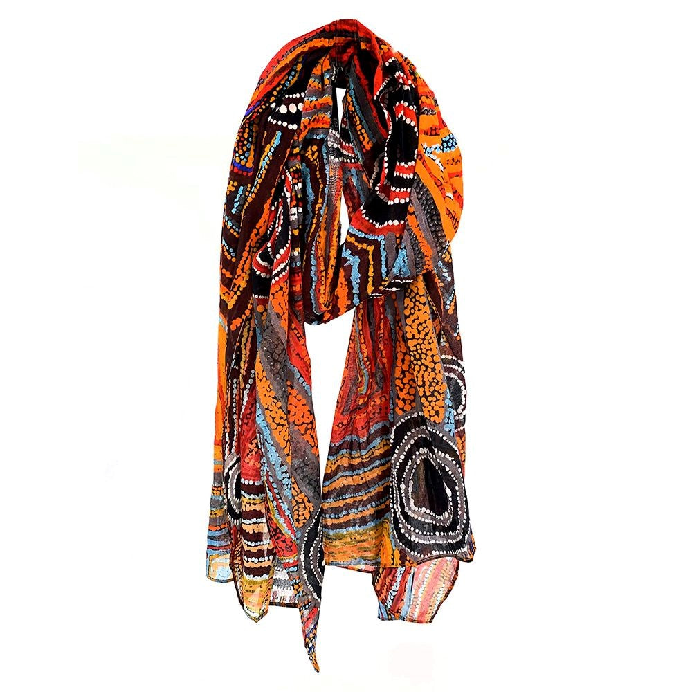 Scarf | Cotton | Mary Napangardi Brown | Red, orange & black