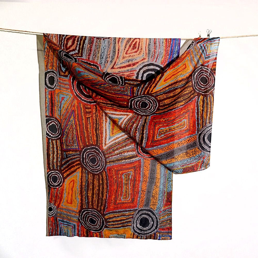 Scarf | Cotton | Mary Napangardi Brown | Red, orange & black