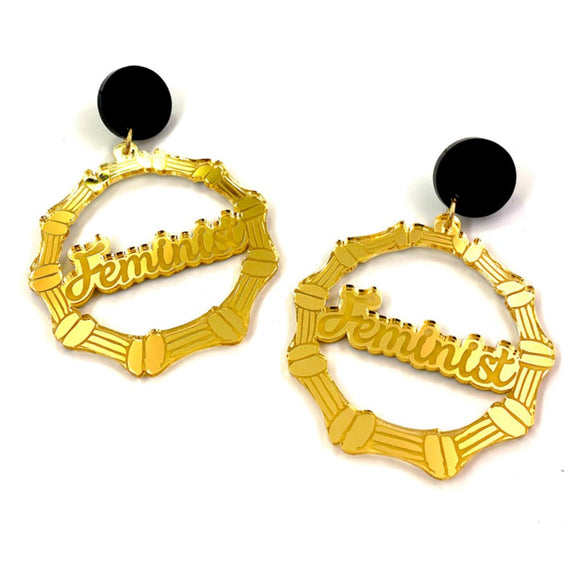 Earrings | Bamboo hoops | Feminist | large | gold mirror