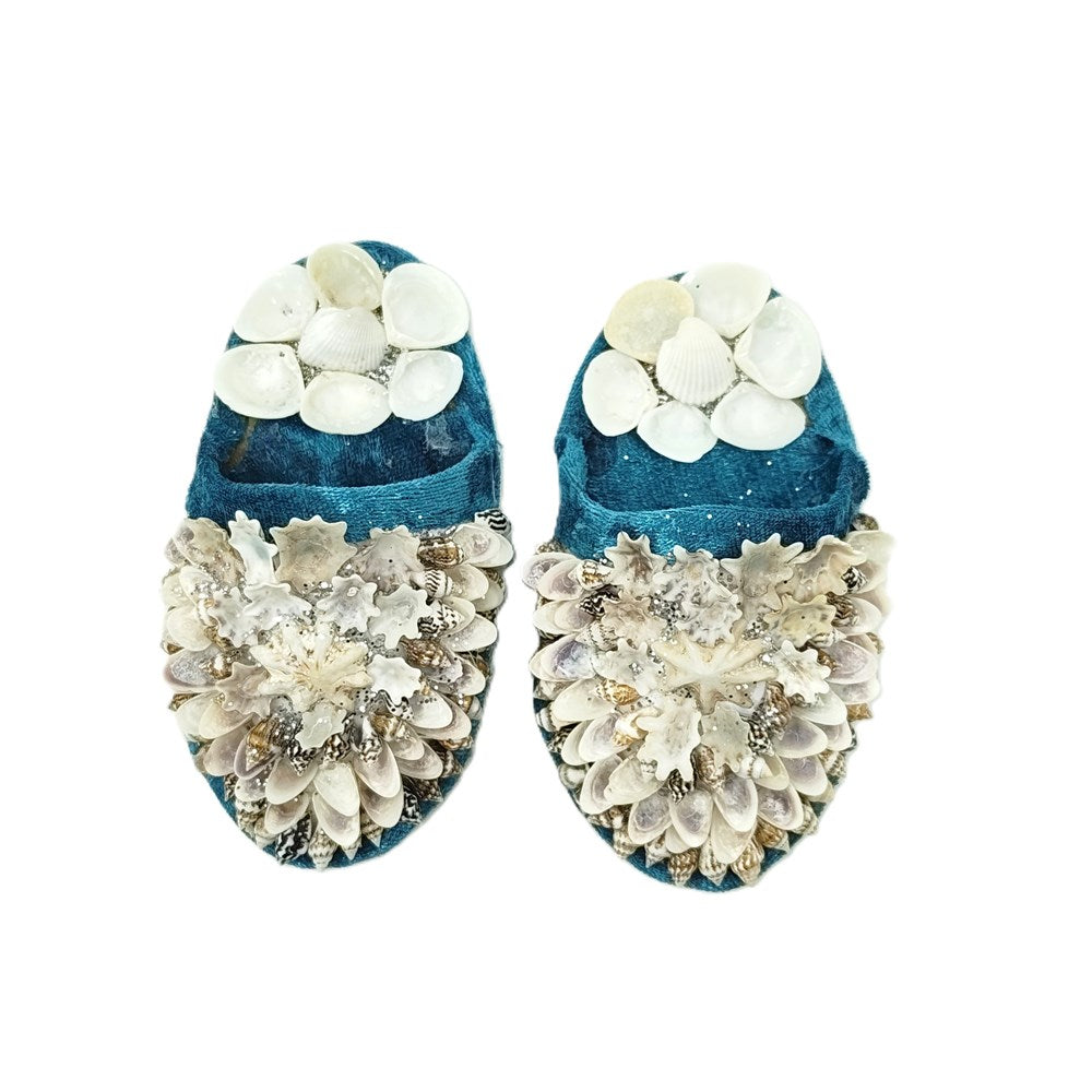 Shellwork slippers | Marilyn Russell | deep teal blue