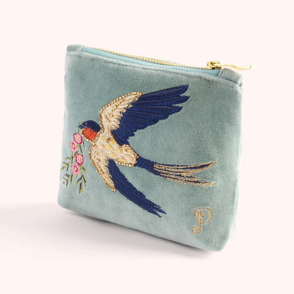 Pouch | Swallows | small | embroidered & beaded velvet