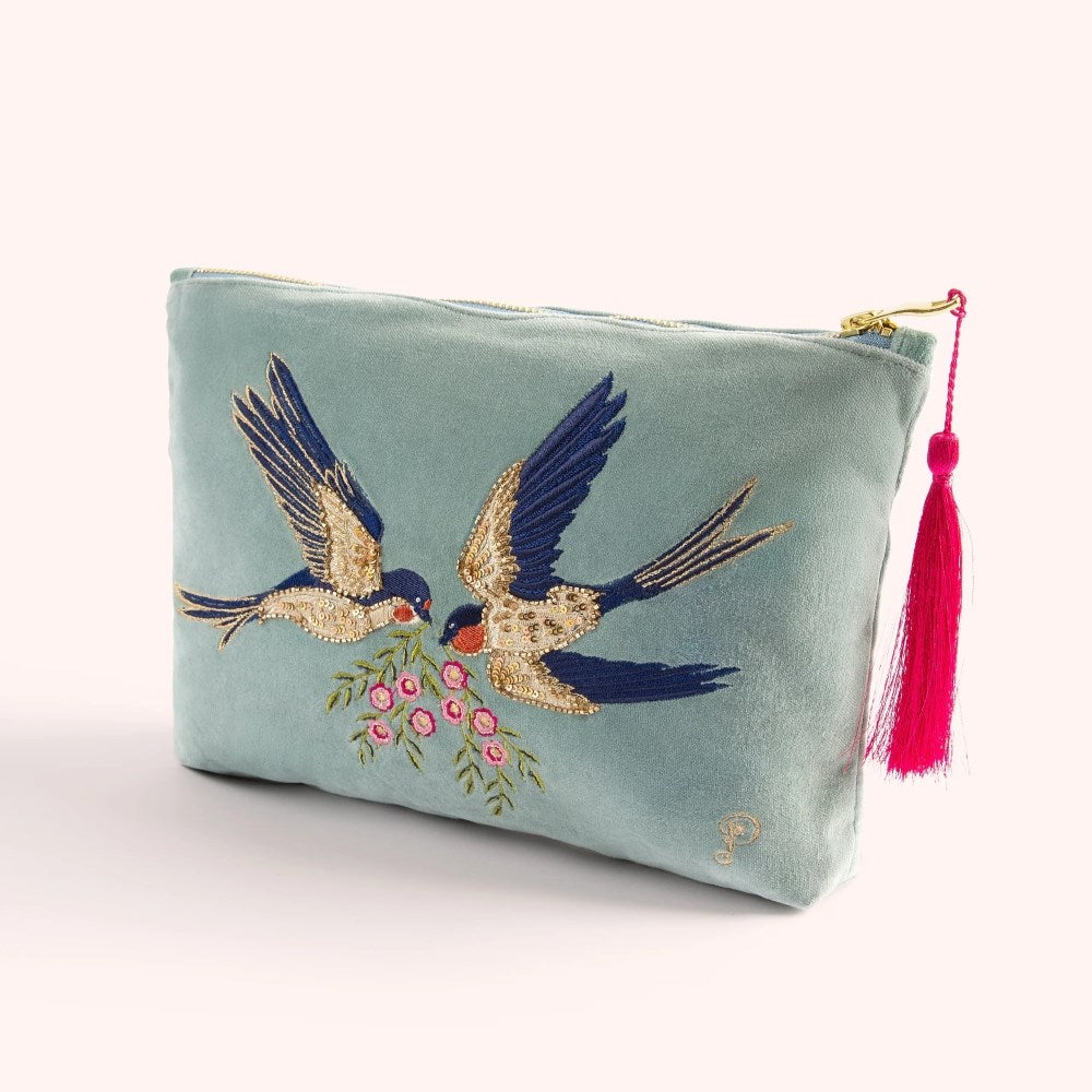 Pouch | Swallows | large | embroidered & beaded velvet