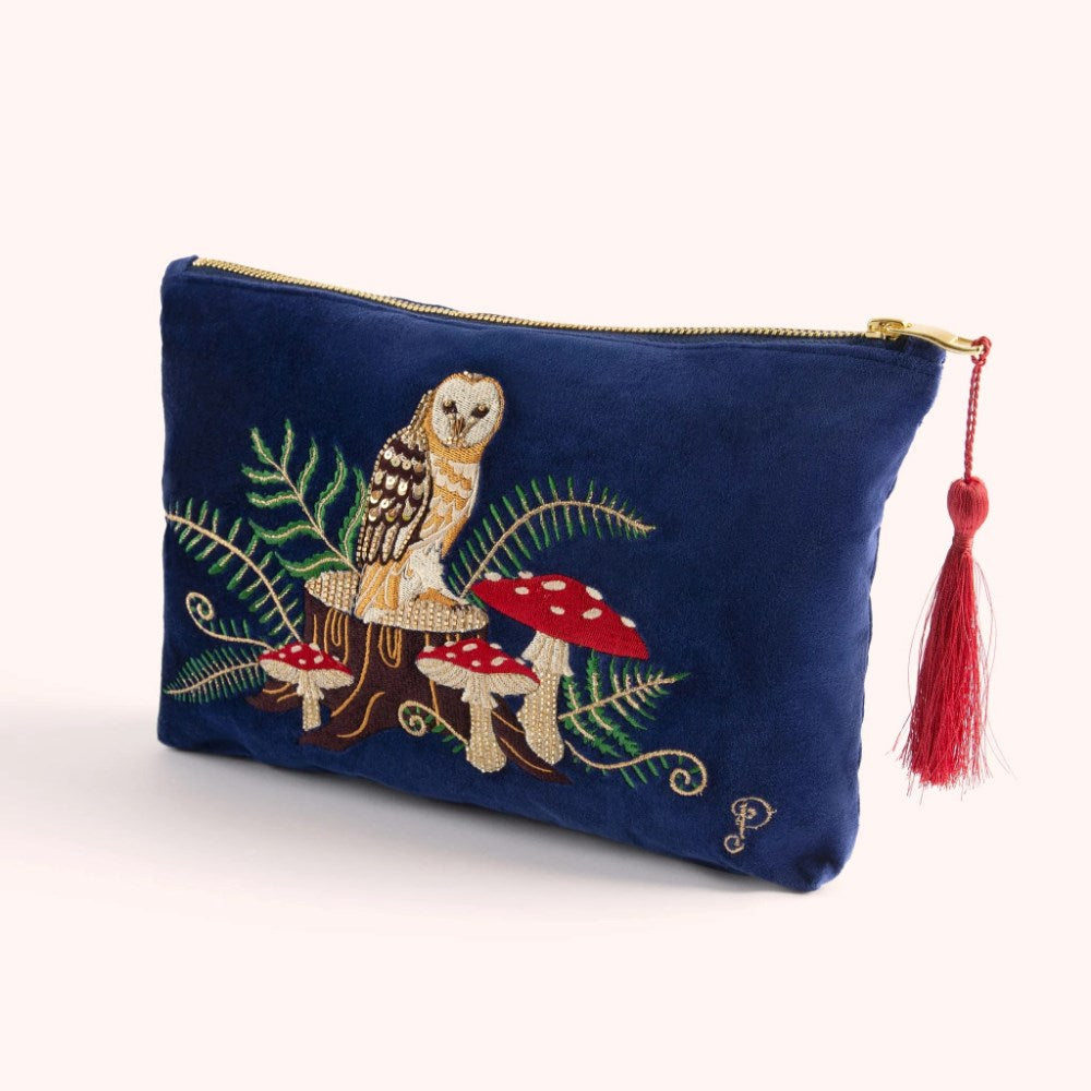 Pouch | Owl | large | embroidered & beaded velvet