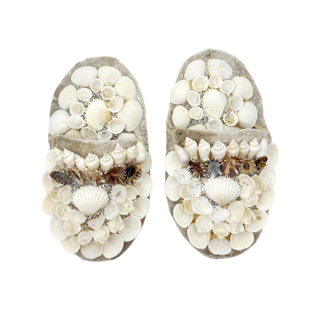 Shellwork slippers | Marilyn Russell | white grey