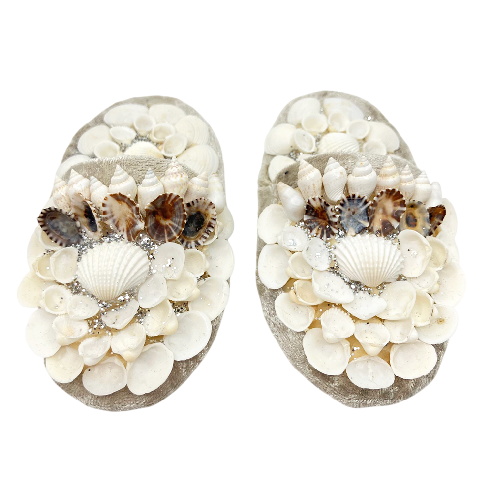 Shellwork slippers | Marilyn Russell | white grey