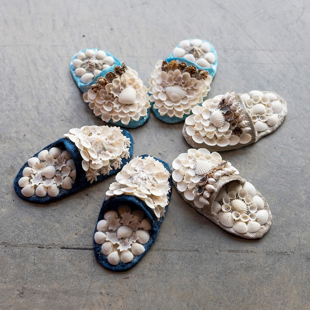 Shellwork slippers | Marilyn Russell | deep teal blue