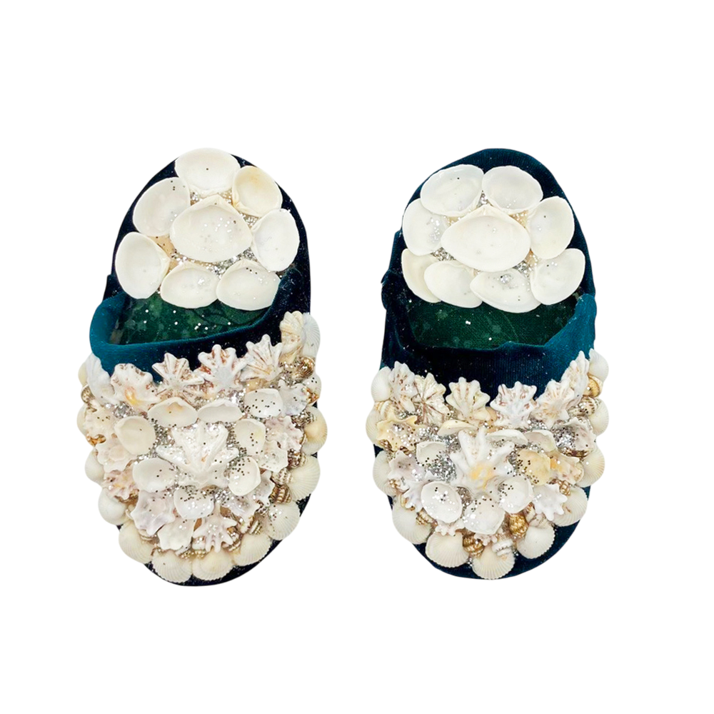 Shellwork slippers | Marilyn Russell | deep teal blue