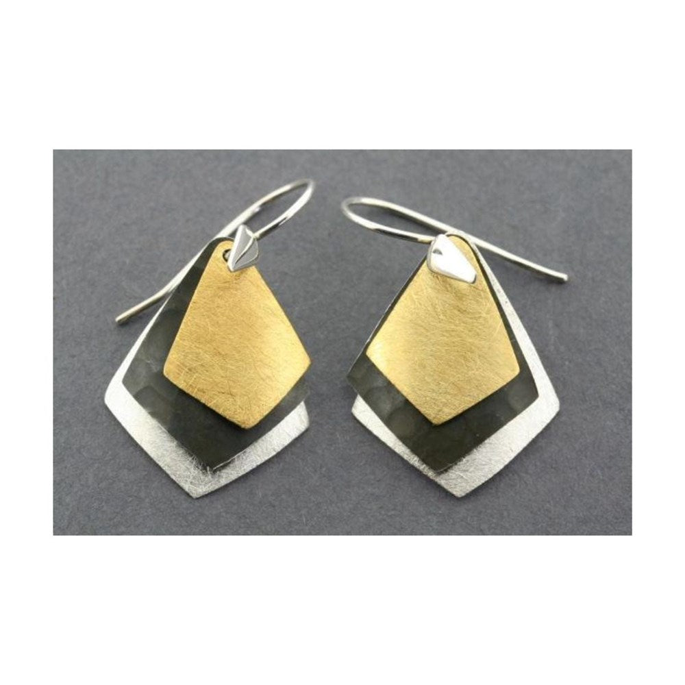 Earrings | Sterling Silver & Gold & Oxidised | 3 Layer Diamond
