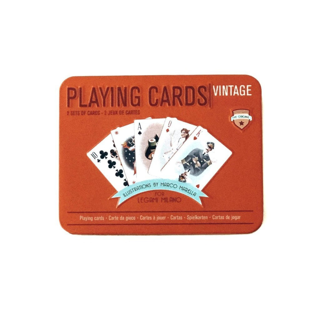 Image featuring an orange tin in the center which includes the words Playing cards, vintage which below shows a selection of what the illustrated cards look like