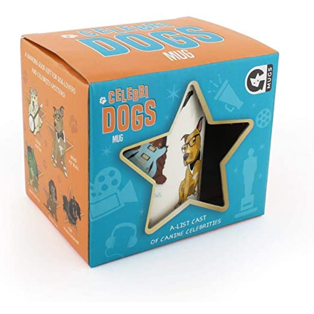 Mug packaging featuring colours Orange and Blue with the words Celebri Dogs A-List Cast of Canine Celebrities