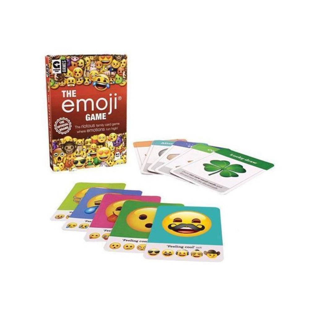 Image featuring the packaging of the emoji game including a selection of cards on display all featuring various emojis 