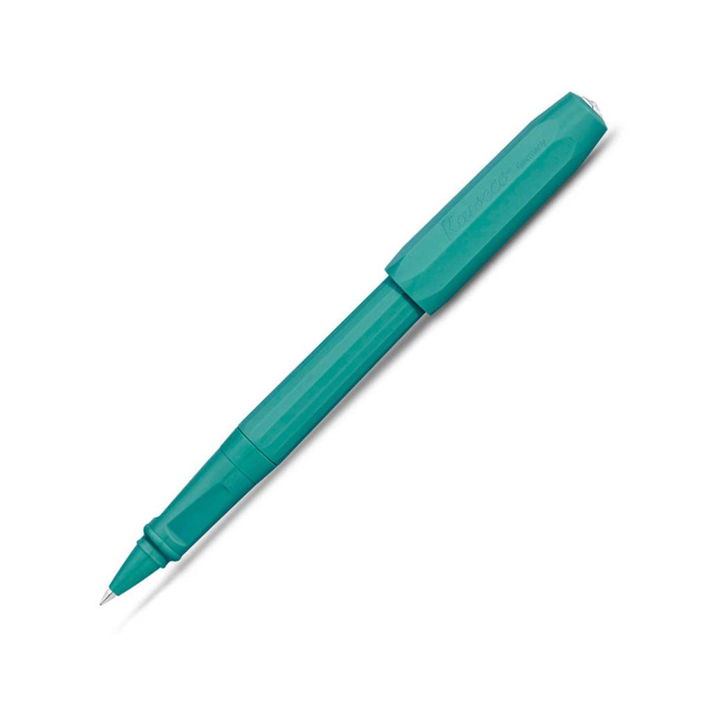 A matte teal pen has a rollerball nib and a matching teal cap secured on the other end.   