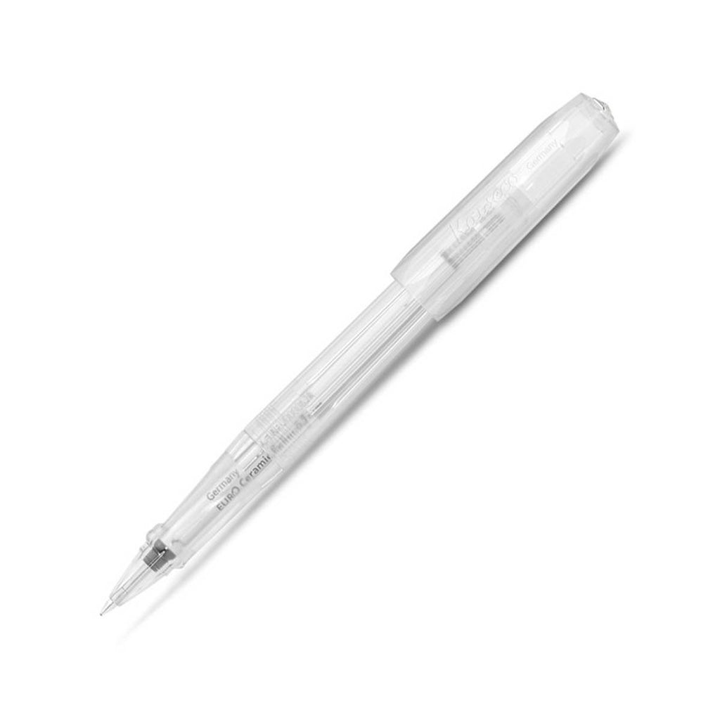 A matte translucent pen has a rollerball nib and a matching translucent cap secured on the other end.   