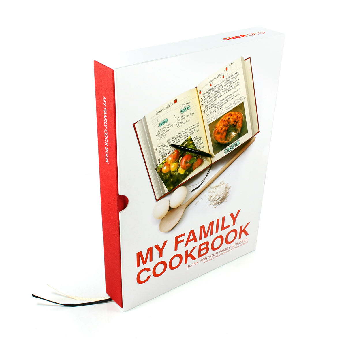 A book with a red spine is inside its white case with a photograph of the book opened and written on and a matching red title, "my family cookbook", capitalised at the bottom. 