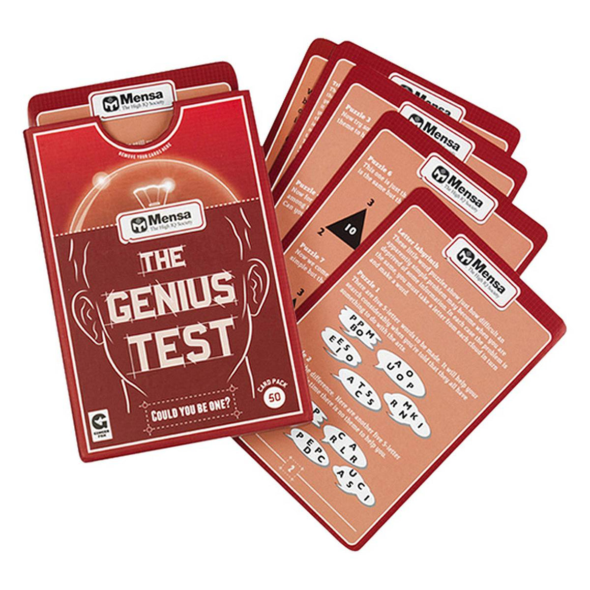 On top of the fanned cards with different questions and puzzles is the red and maroon packaging box with 'the genius test' capitalised in a sketched block font in the centre of the head illustration. 