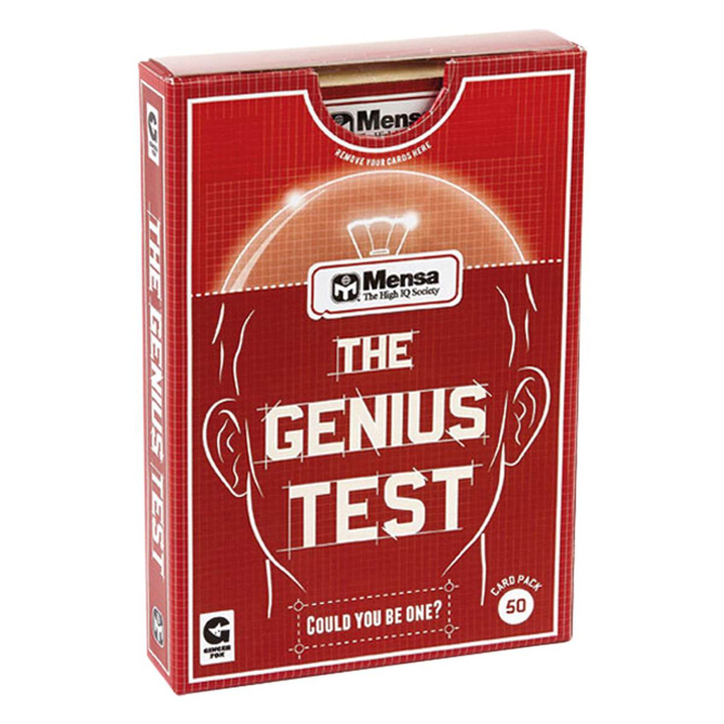 The red and maroon packaging box has a faint grid pattern throughout, and 'the genius test' is capitalised in a sketched block font in the centre of the head illustration. 