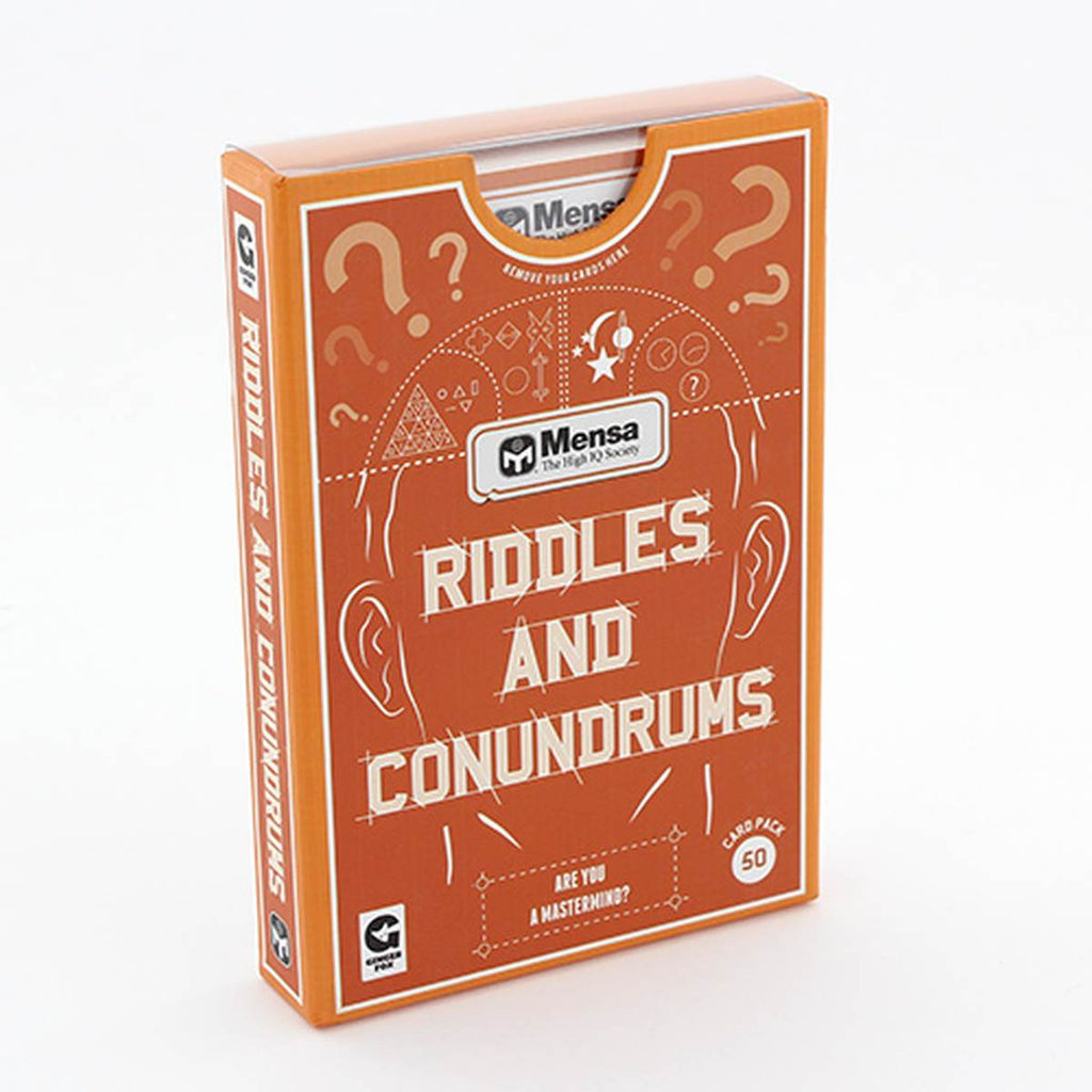 An orange packaging box has 'riddles and conundrums' capitalised in a sketched block font in the centre of the head illustration and question marks above the head. 